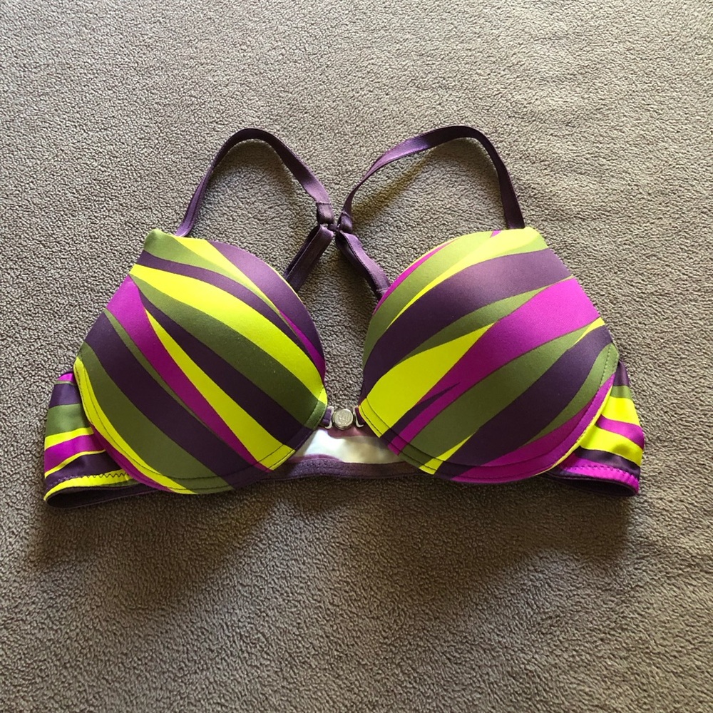World Wide Bra. Green and purple neon stripes. Size 36 B